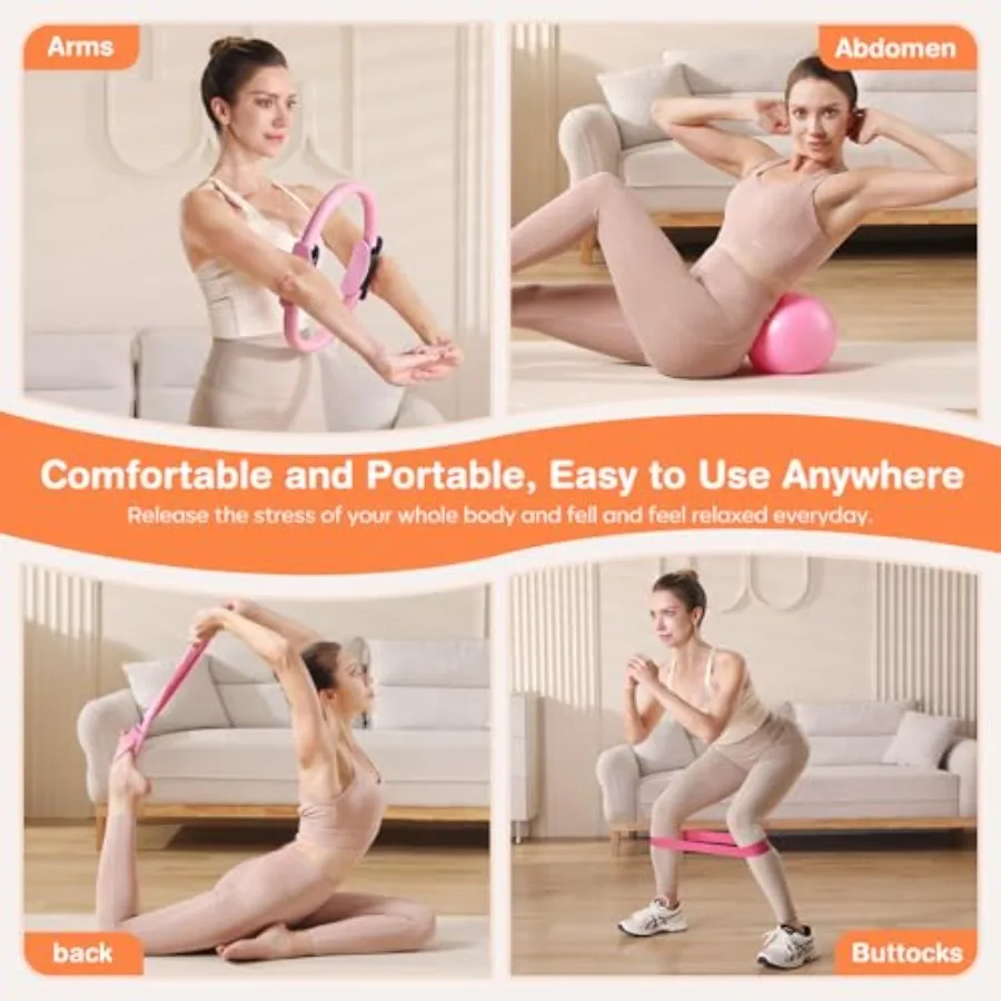 Pilates Kit, 9" Anti-Burst Mini Ball, Yoga Rings for Legs, 5 Resistance Bands - Image 3