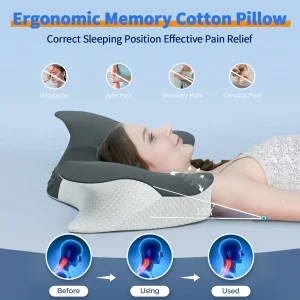 Ergonomic Memory Foam Cervical Pillow, Neck Pain Relief Support Cushion with Washable Cover Grey - Thumbnail Image 2
